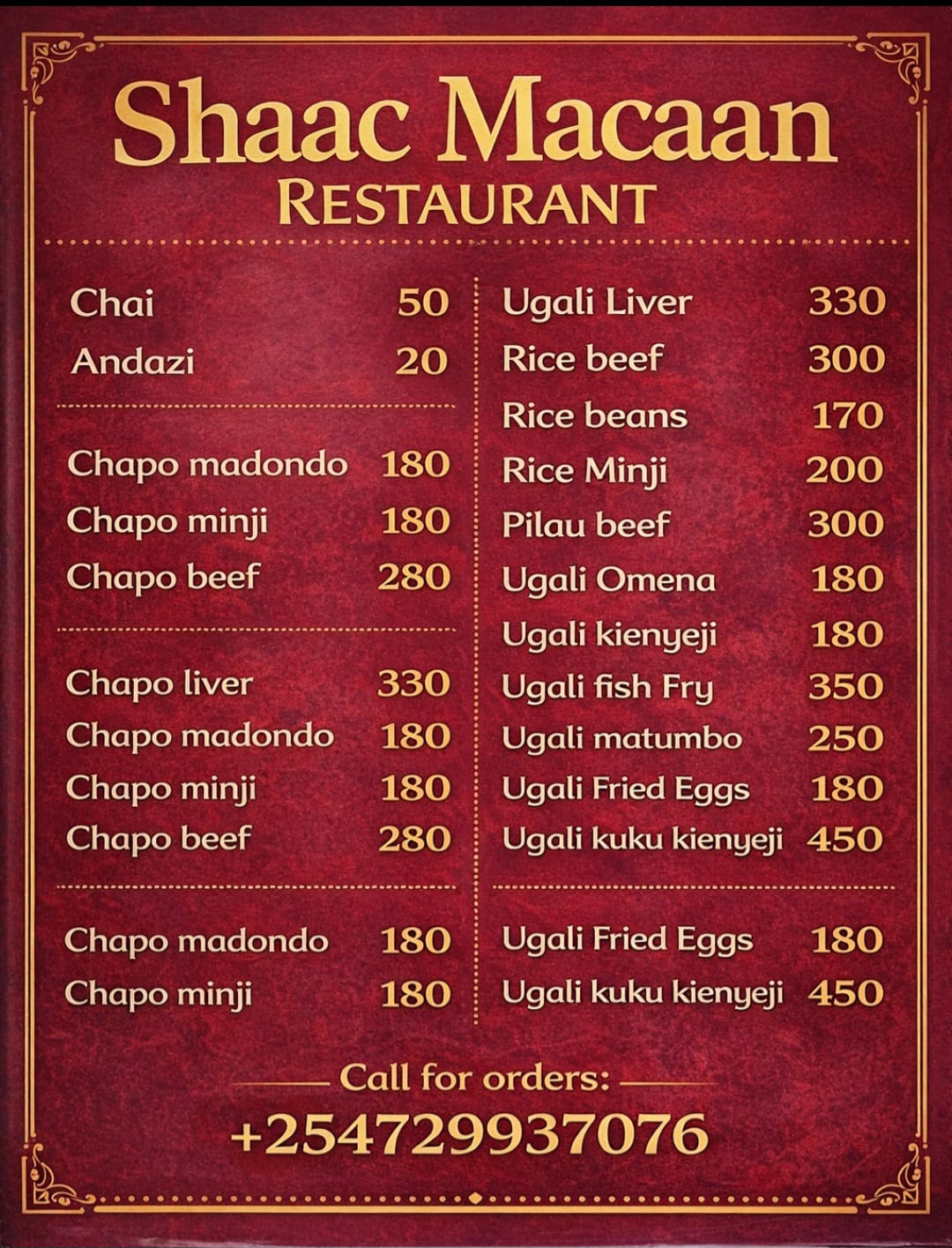 SHAAC MACAAN RESTAURANT MENU- ORDER DELIVERY. TAP THE IMAGE TO ORDER THROUGH WHATSAPP BUTTON