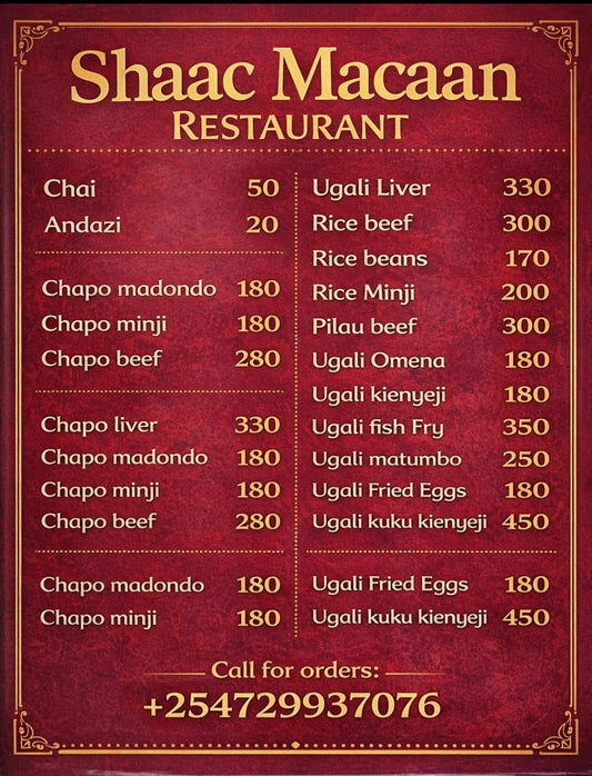 SHAAC MACAAN RESTAURANT MENU- ORDER DELIVERY. TAP THE IMAGE TO ORDER THROUGH WHATSAPP BUTTON